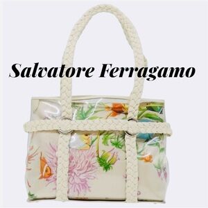 Salvatore Ferragamo Handbag Satin Vinyl Leather Ivory Multicolor